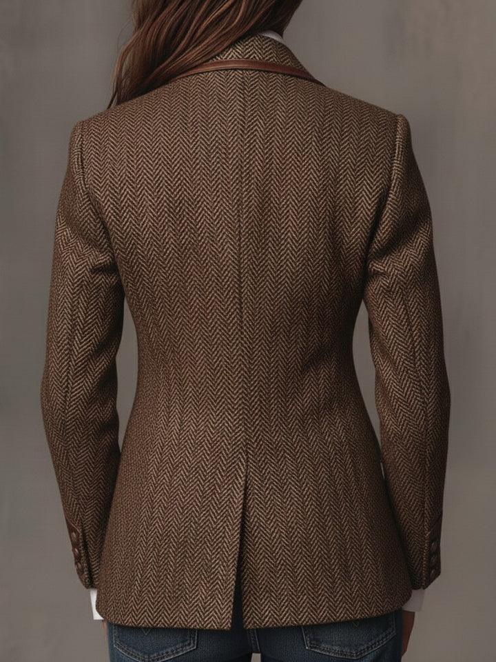 Herringbone Blazer with Contrast Trim and Buckle