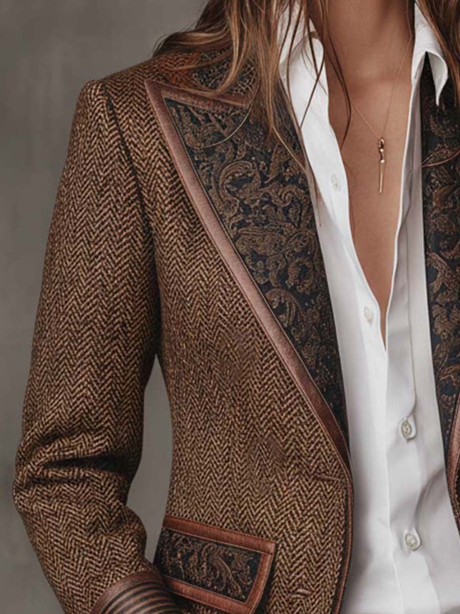 Herringbone Blazer with Contrast Trim and Buckle