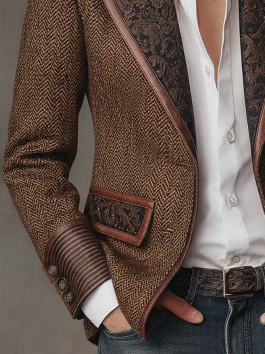 Herringbone Blazer with Contrast Trim and Buckle
