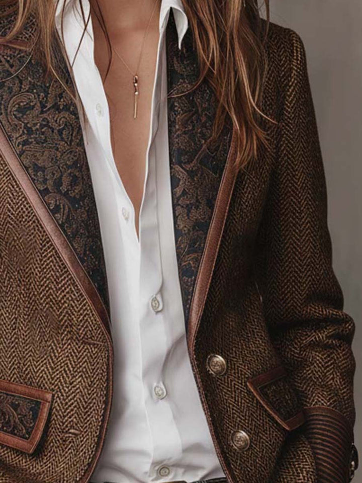Herringbone Blazer with Contrast Trim and Buckle