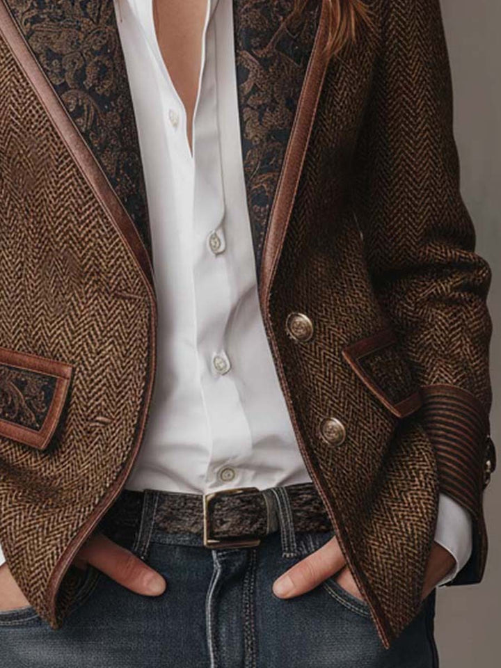 Herringbone Blazer with Contrast Trim and Buckle