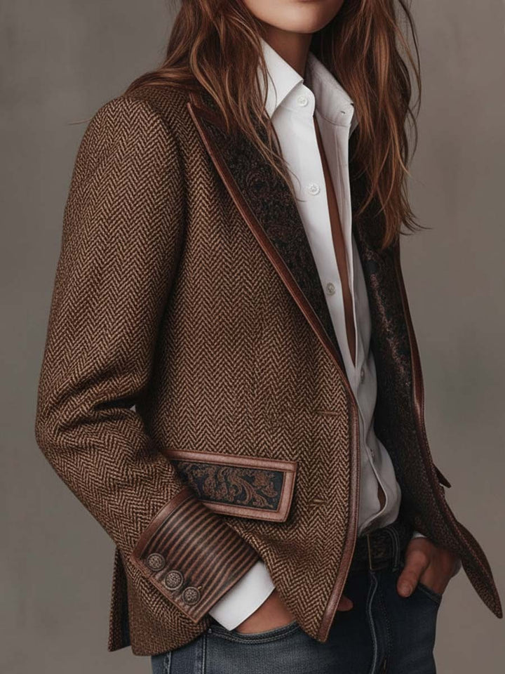 Herringbone Blazer with Contrast Trim and Buckle