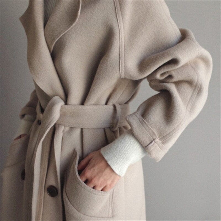 Emerentienne Wrap Wool Blend Coat with Faux Fur Cuffs for Women