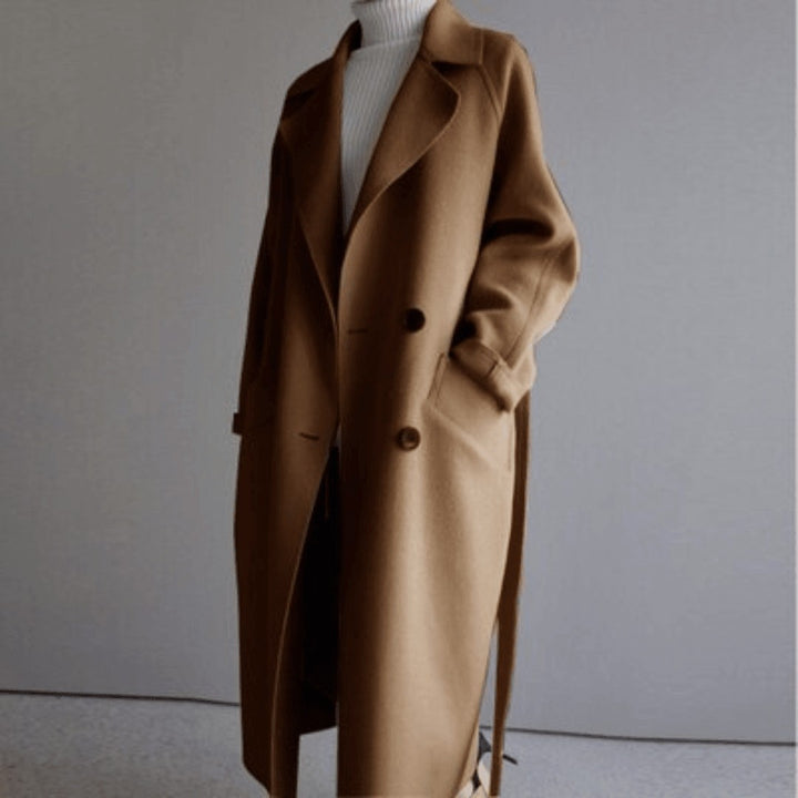 Emerentienne Wrap Wool Blend Coat with Faux Fur Cuffs for Women
