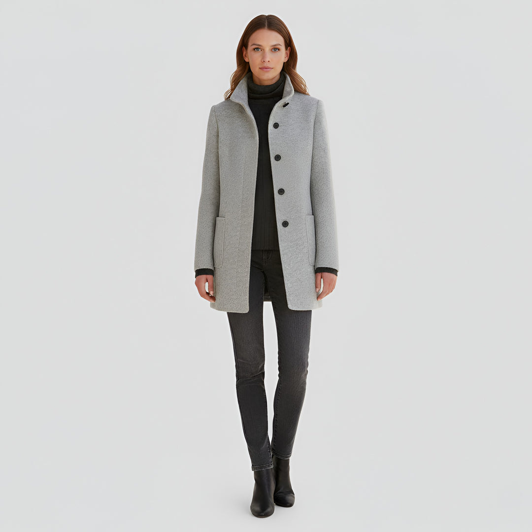 Ermengarde Notch Lapel Mid Length Wool Blend Coat for Women