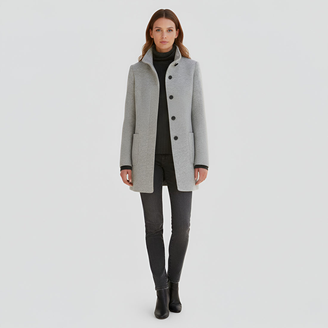 Ermengarde Notch Lapel Mid Length Wool Blend Coat for Women
