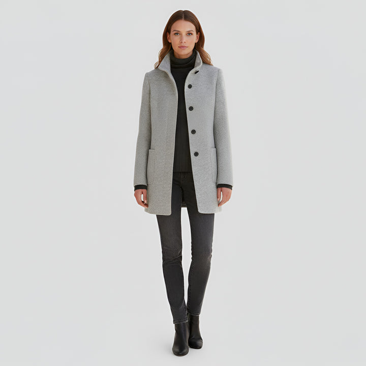 Ermengarde Notch Lapel Mid Length Wool Blend Coat for Women