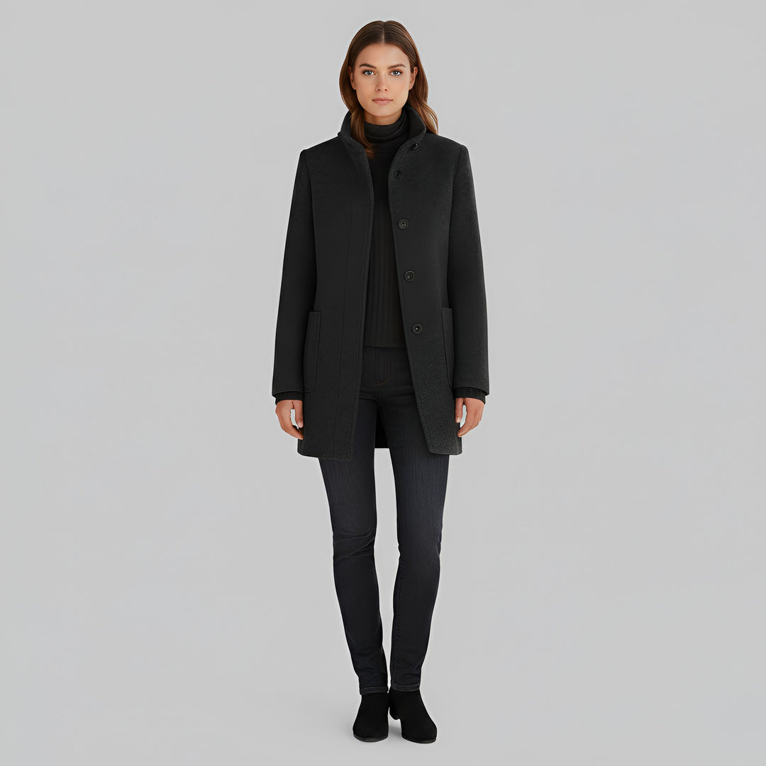 Ermengarde Notch Lapel Mid Length Wool Blend Coat for Women