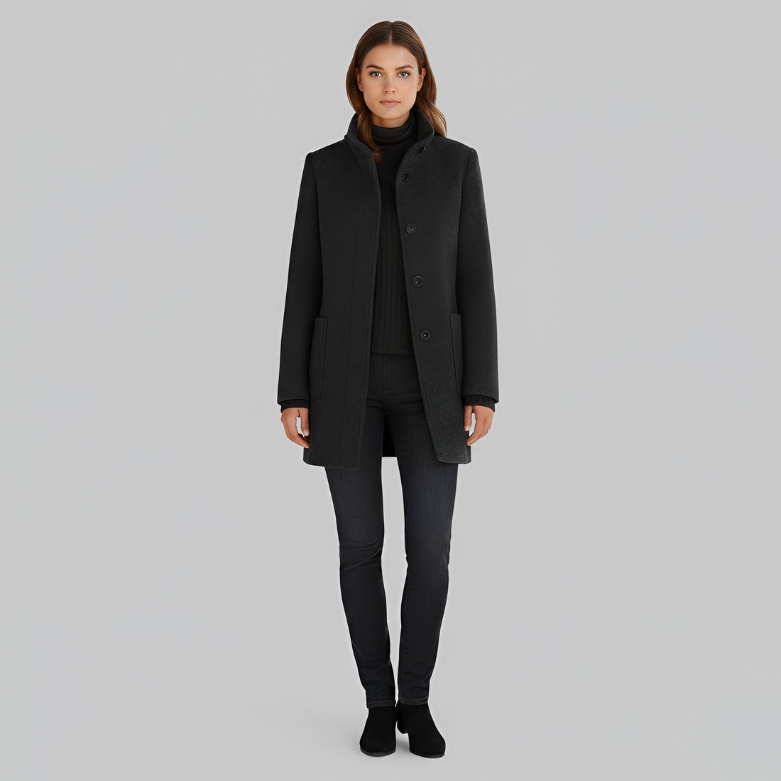 Ermengarde Notch Lapel Mid Length Wool Blend Coat for Women