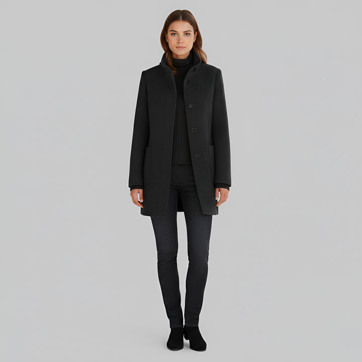 Ermengarde Notch Lapel Mid Length Wool Blend Coat for Women