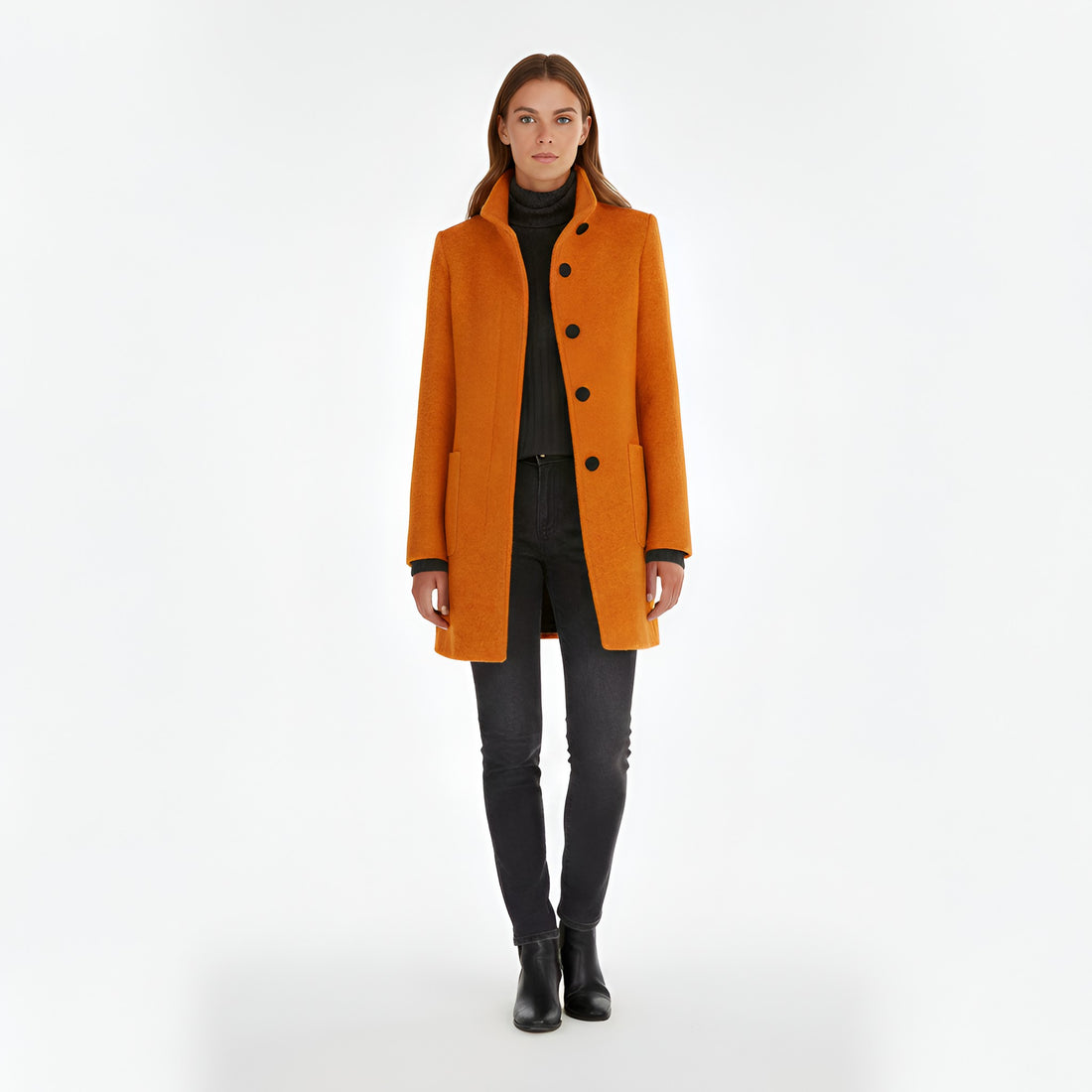 Ermengarde Notch Lapel Mid Length Wool Blend Coat for Women