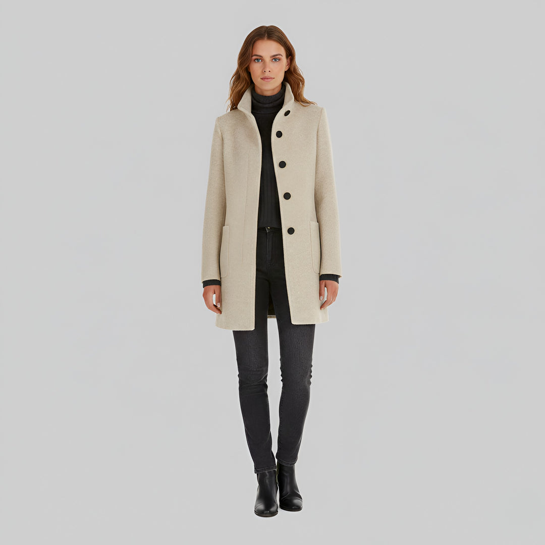 Ermengarde Notch Lapel Mid Length Wool Blend Coat for Women