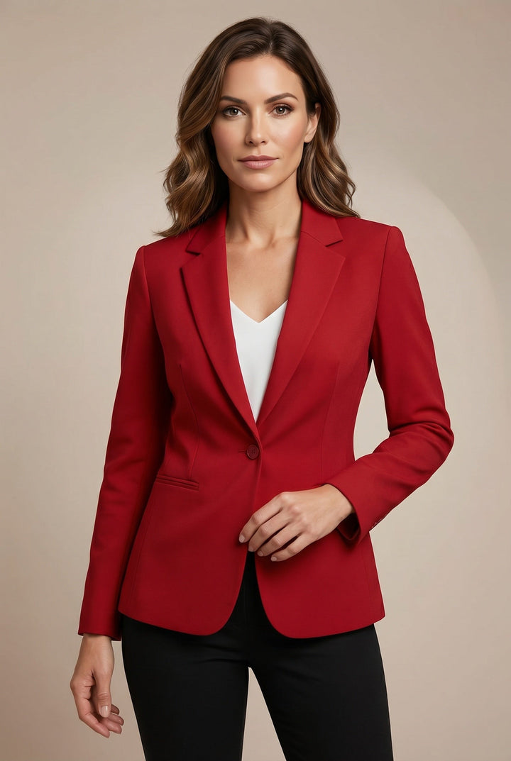 Fitted Blazer with Single Button and Slim Lapel in dark red