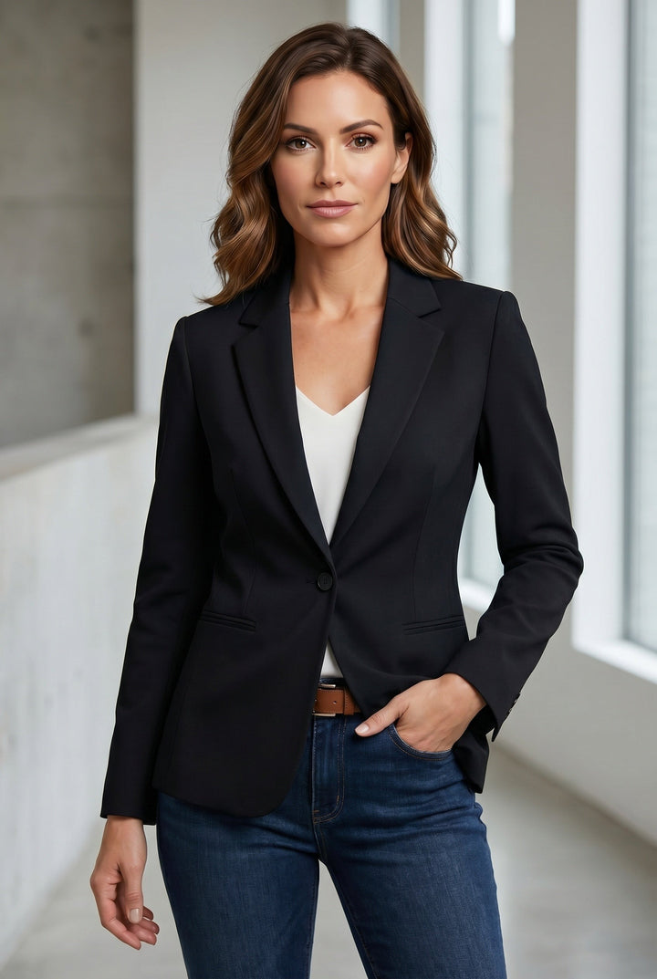 Fitted Blazer with Single Button and Slim Lapel in black