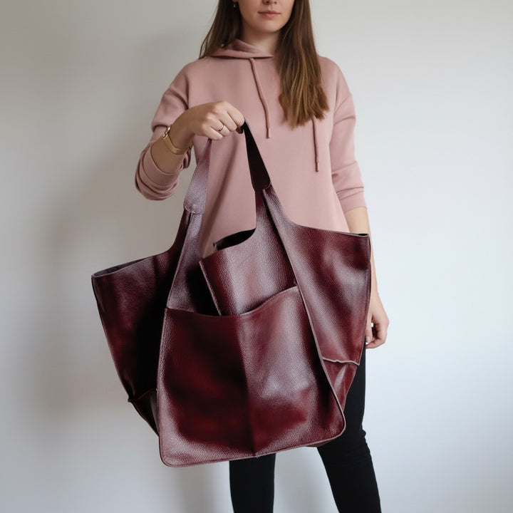 Large Leather Tote Bag for Women in wine red
