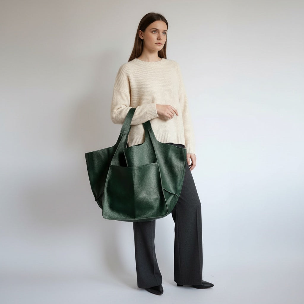 Large Leather Tote Bag for Women in green