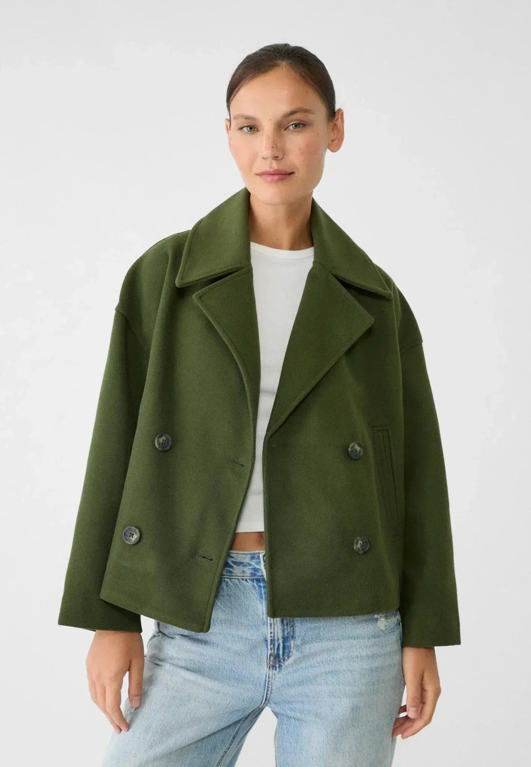 Gaetane Double Breasted Cropped Wool Blend Coat for Women