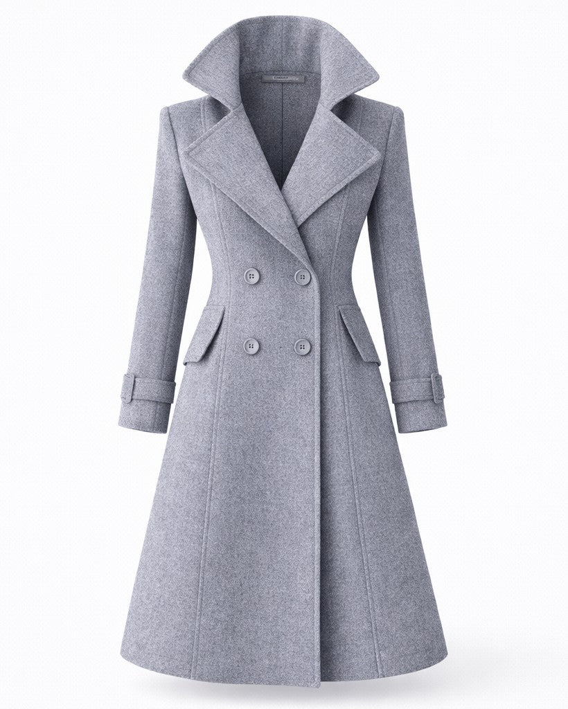 Gildine Flared Hem Wool Coat with Faux Fur Collar for Women