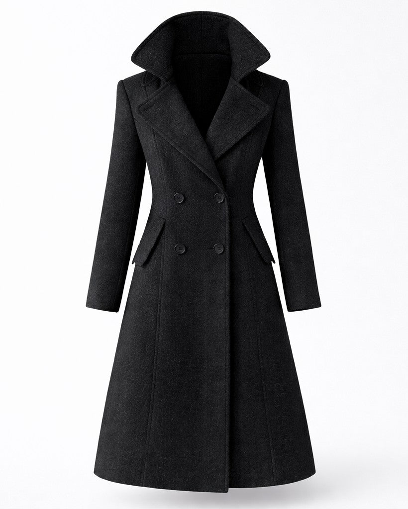 Gildine Flared Hem Wool Coat with Faux Fur Collar for Women