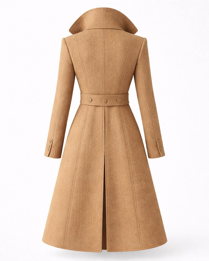 Gildine Flared Hem Wool Coat with Faux Fur Collar for Women