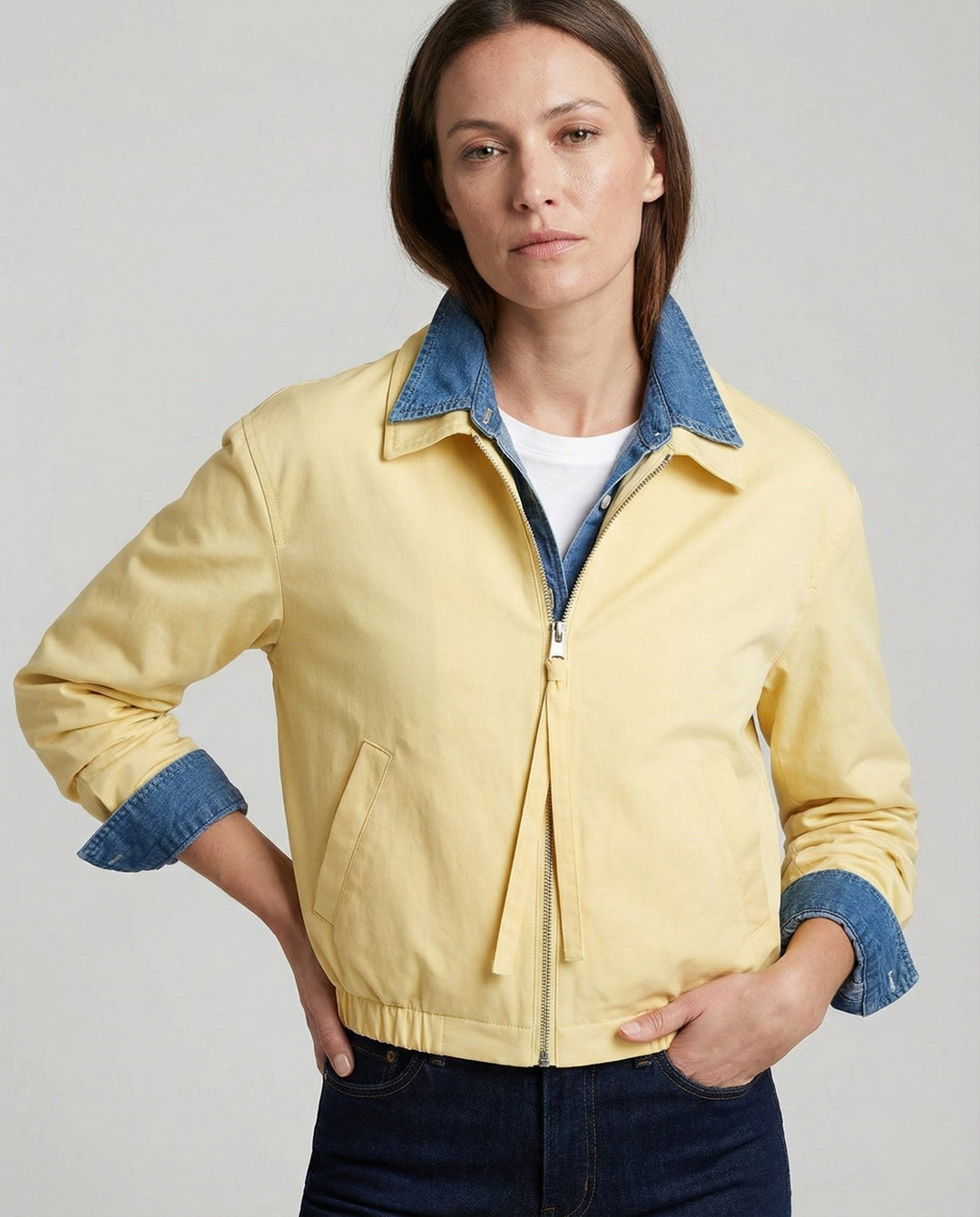 Greta denim collar faux leather jacket — image 1
