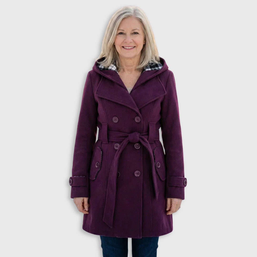 Hermeline Hooded Belted Plaid Collar Wool Coat for Women