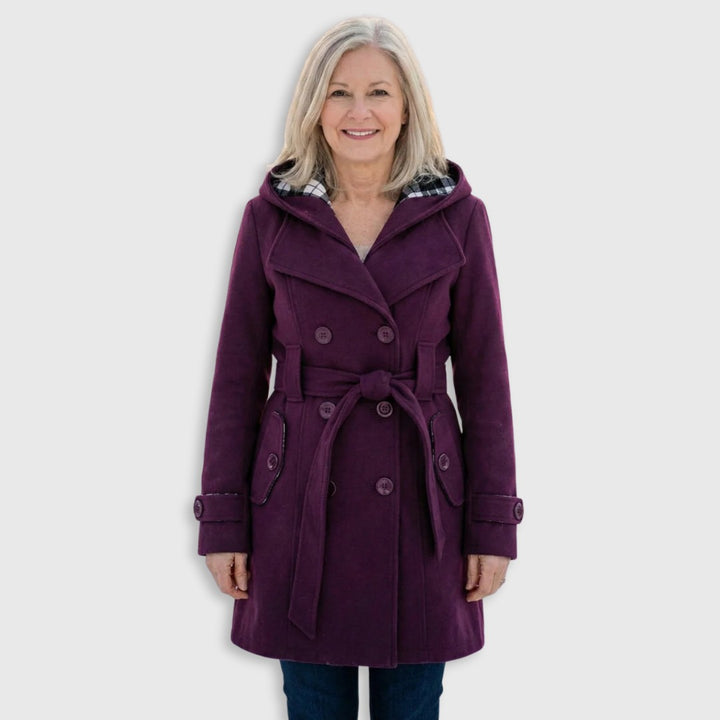 Hermeline Hooded Belted Plaid Collar Wool Coat for Women