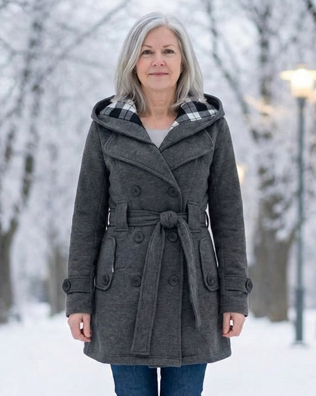 Hermeline Hooded Belted Plaid Collar Wool Coat for Women