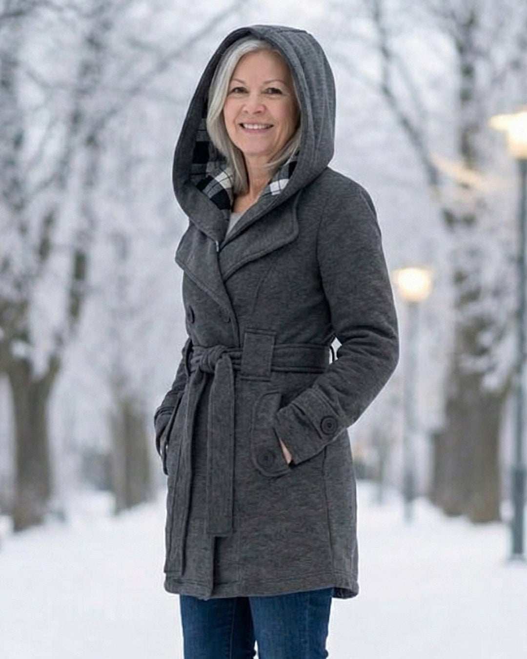 Hermeline Hooded Belted Plaid Collar Wool Coat for Women