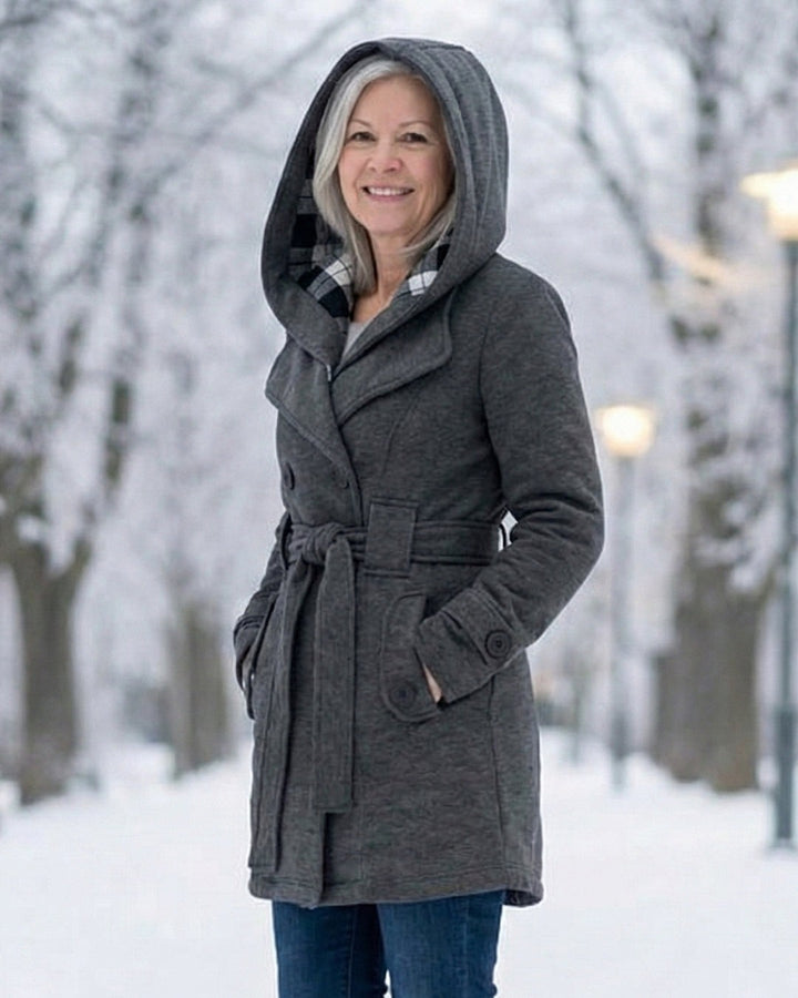 Hermeline Hooded Belted Plaid Collar Wool Coat for Women