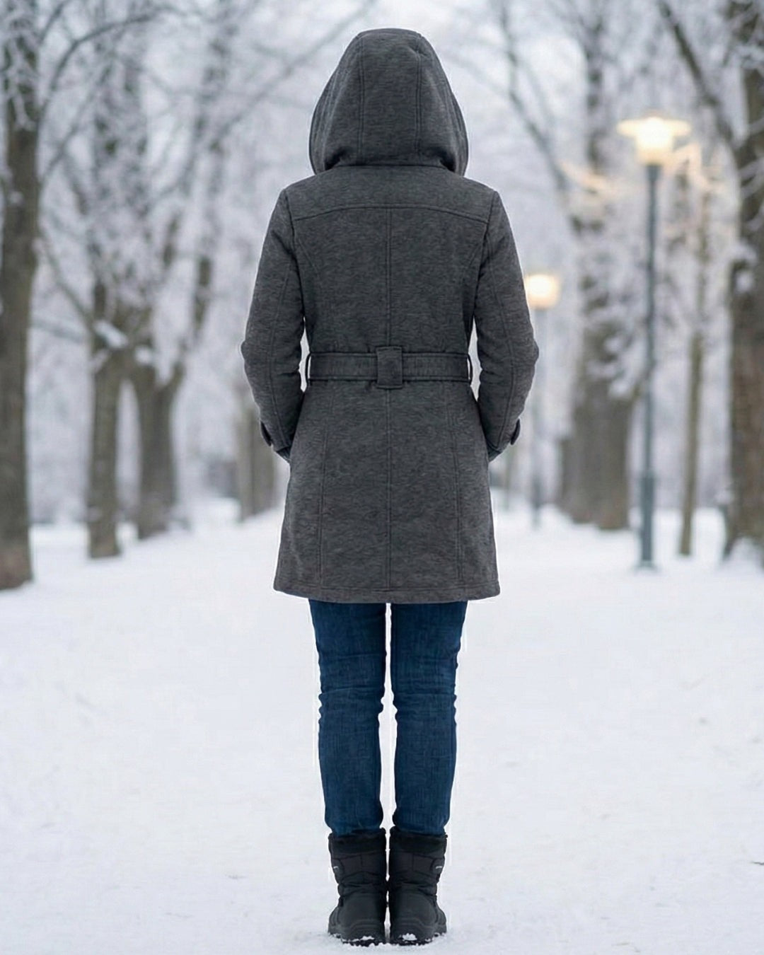 Hermeline Hooded Belted Plaid Collar Wool Coat for Women