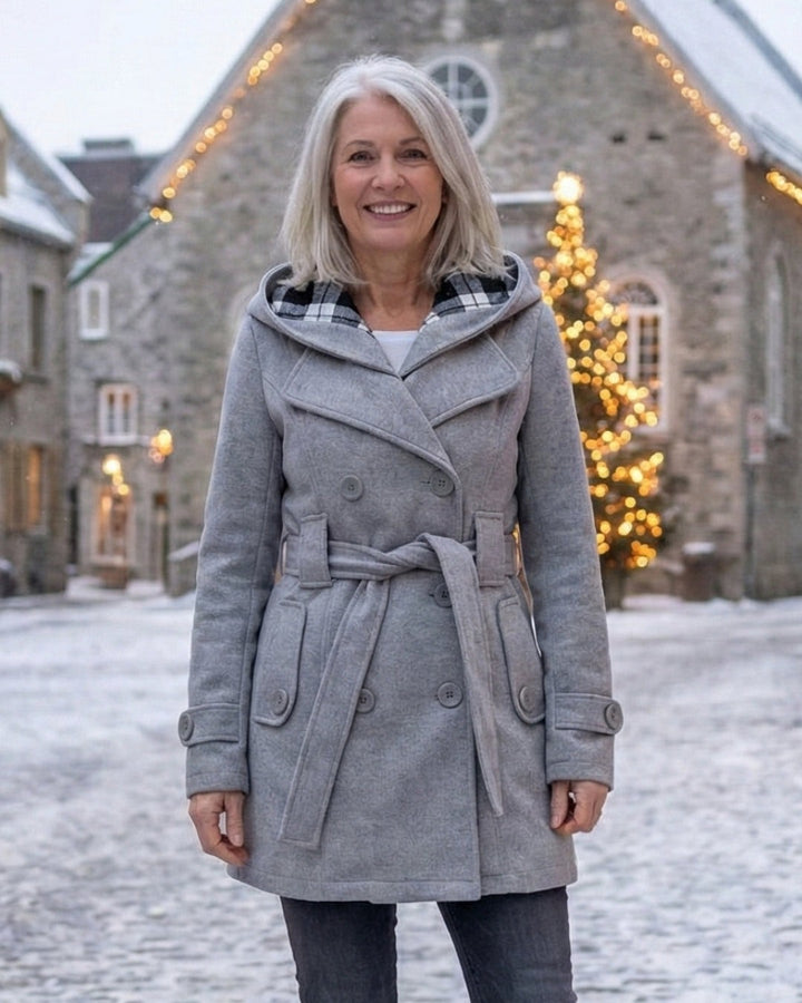 Hermeline Hooded Belted Plaid Collar Wool Coat for Women