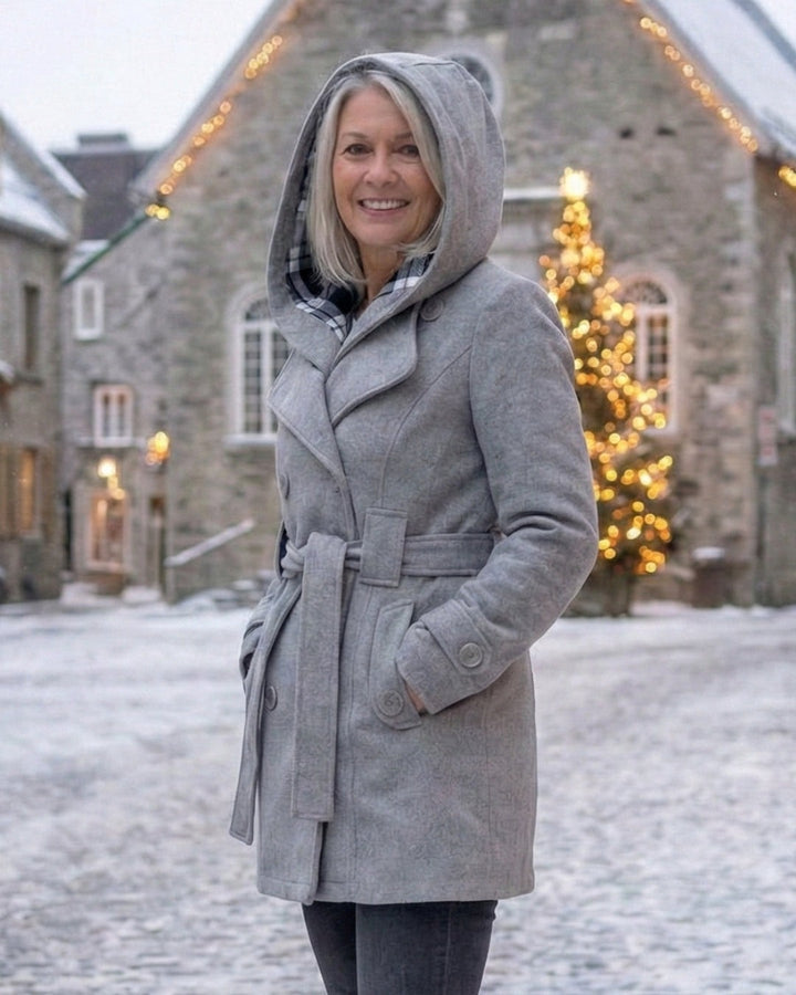 Hermeline Hooded Belted Plaid Collar Wool Coat for Women
