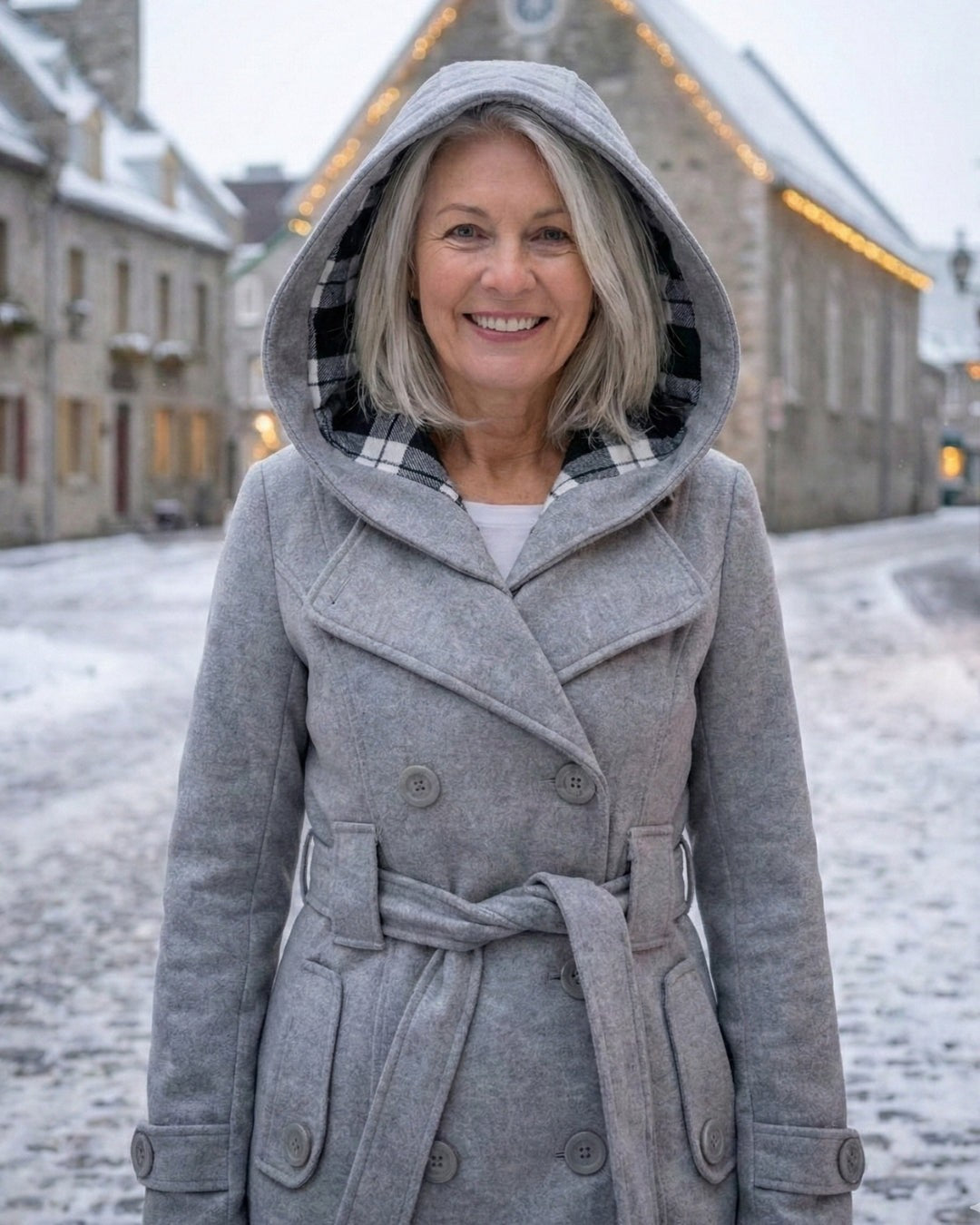 Hermeline Hooded Belted Plaid Collar Wool Coat for Women