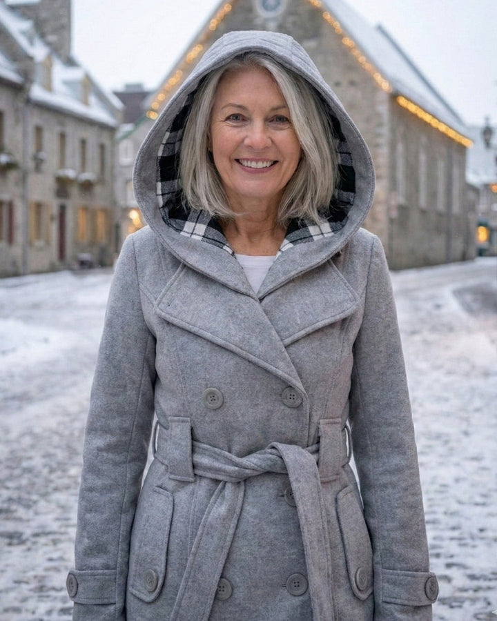 Hermeline Hooded Belted Plaid Collar Wool Coat for Women