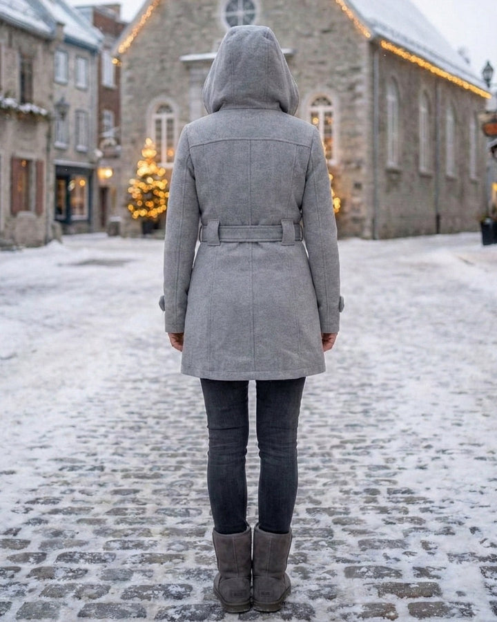 Hermeline Hooded Belted Plaid Collar Wool Coat for Women