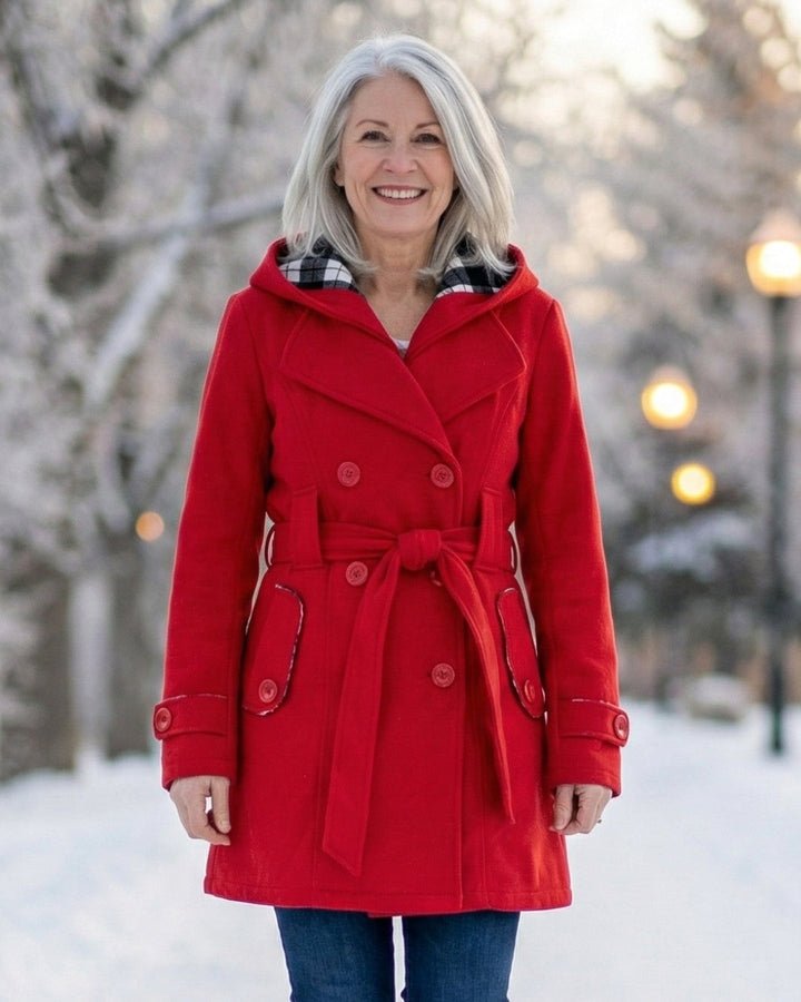 Hermeline Hooded Belted Plaid Collar Wool Coat for Women