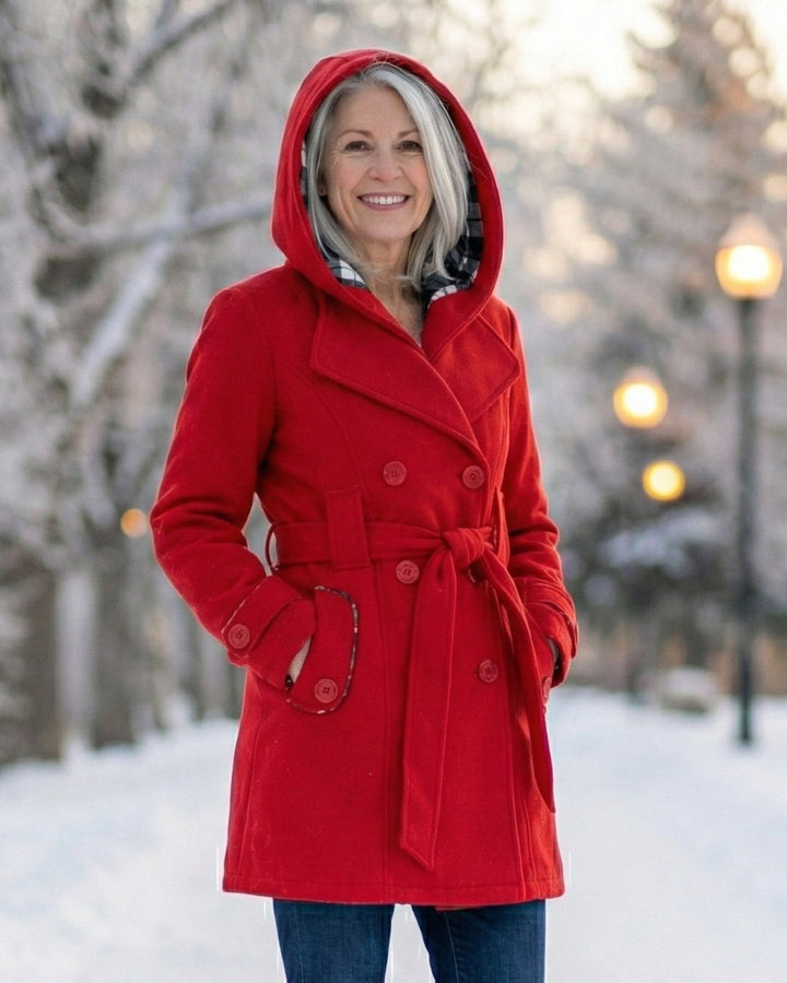 Hermeline Hooded Belted Plaid Collar Wool Coat for Women