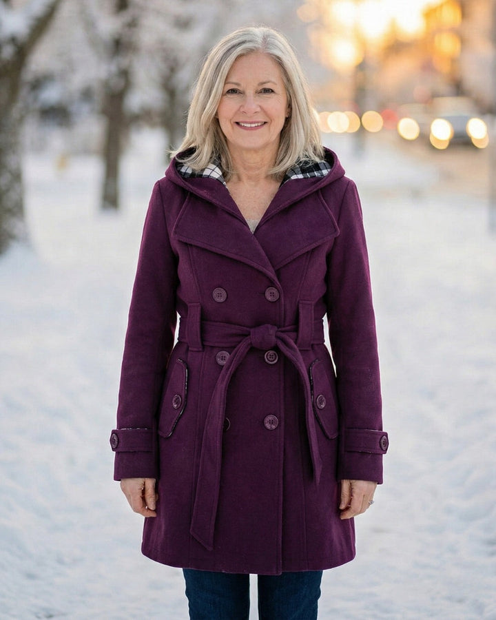 Hermeline Hooded Belted Plaid Collar Wool Coat for Women