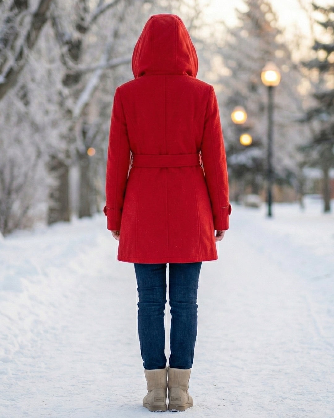Hermeline Hooded Belted Plaid Collar Wool Coat for Women