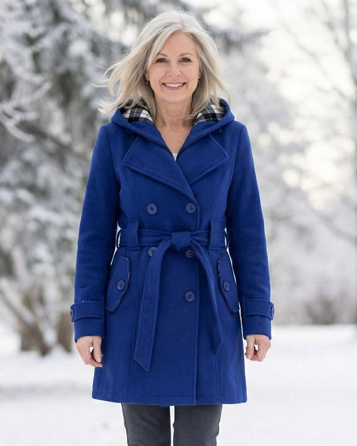 Hermeline Hooded Belted Plaid Collar Wool Coat for Women