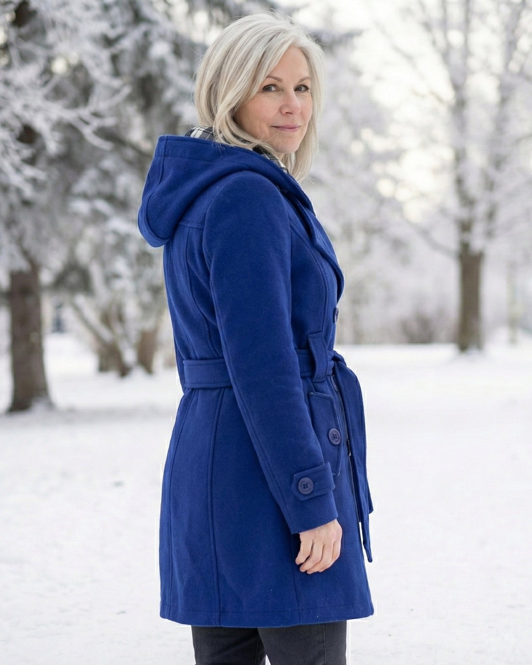 Hermeline Hooded Belted Plaid Collar Wool Coat for Women