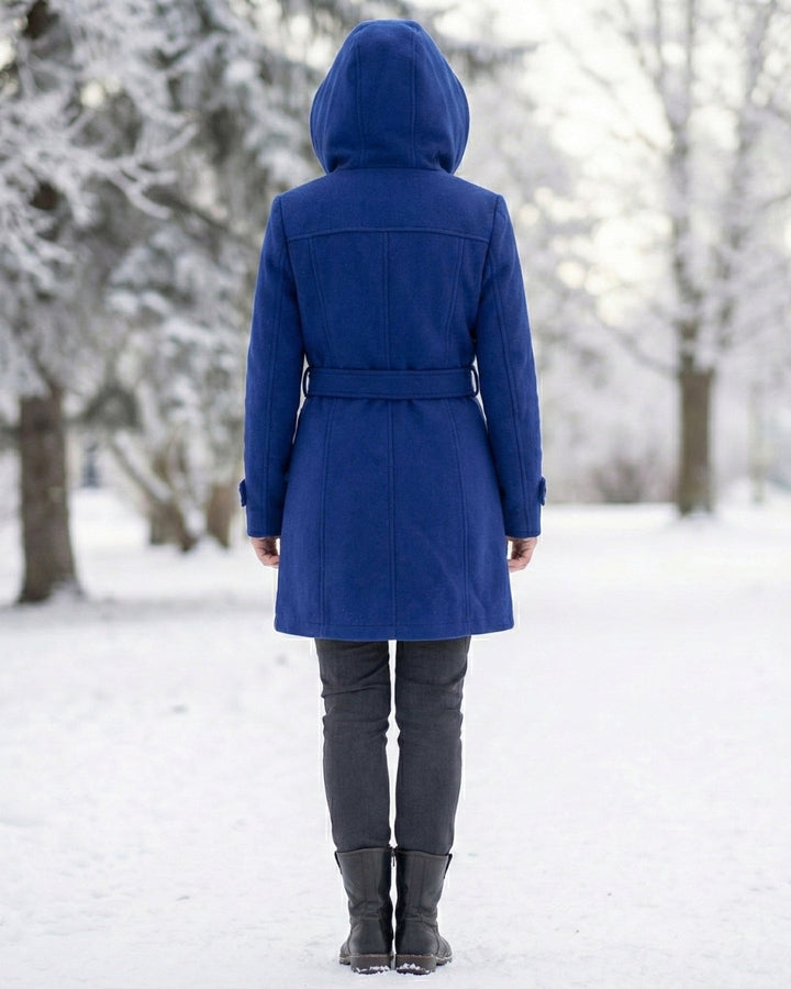Hermeline Hooded Belted Plaid Collar Wool Coat for Women
