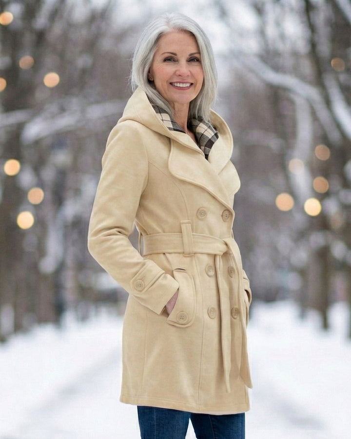 Hermeline Hooded Belted Plaid Collar Wool Coat for Women