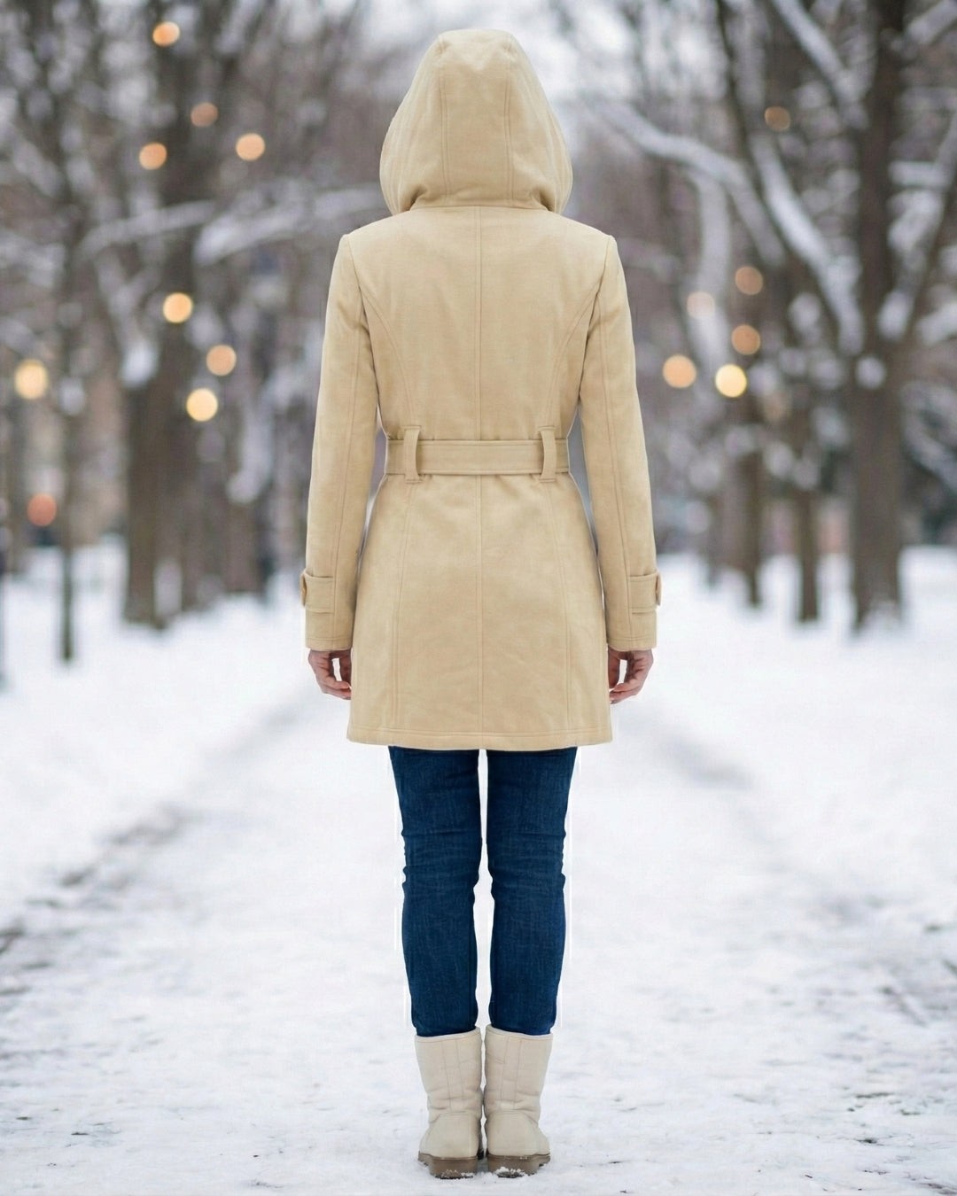 Hermeline Hooded Belted Plaid Collar Wool Coat for Women
