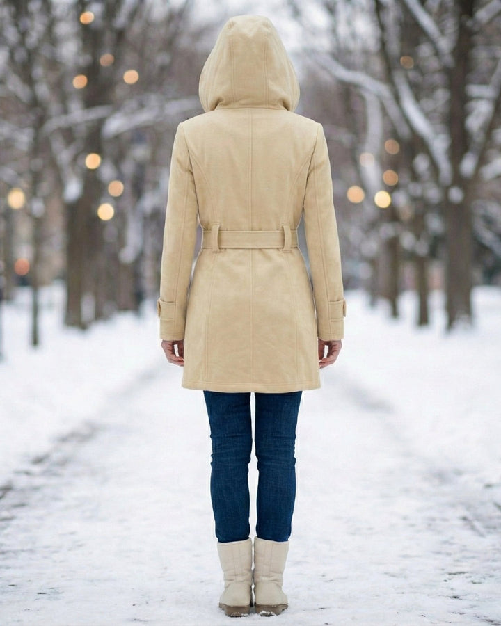 Hermeline Hooded Belted Plaid Collar Wool Coat for Women