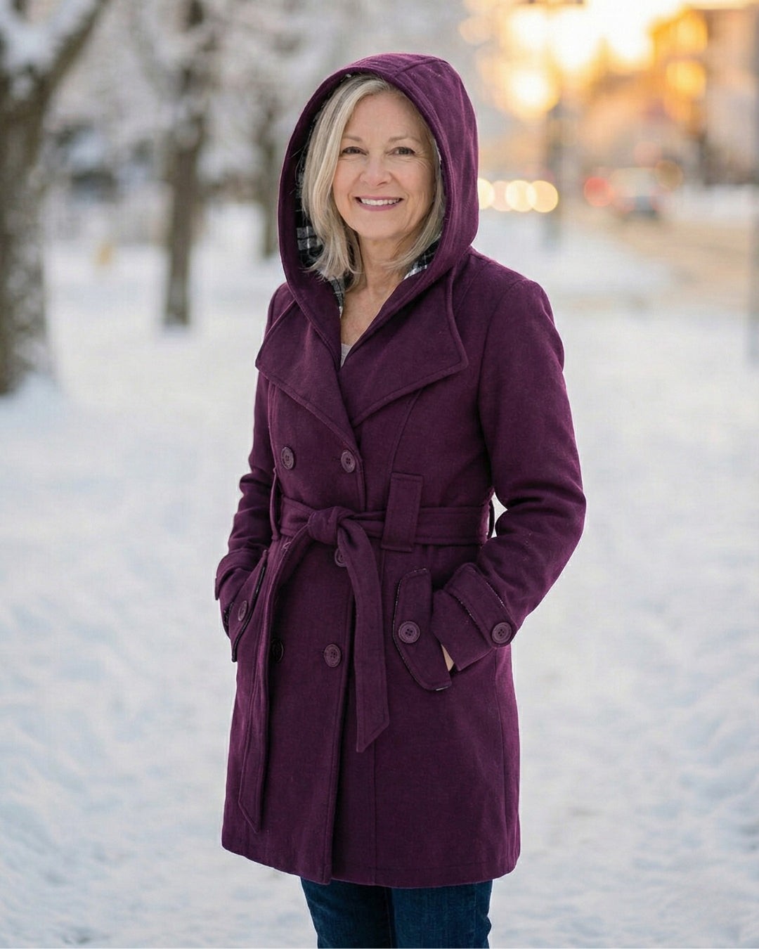 Hermeline Hooded Belted Plaid Collar Wool Coat for Women