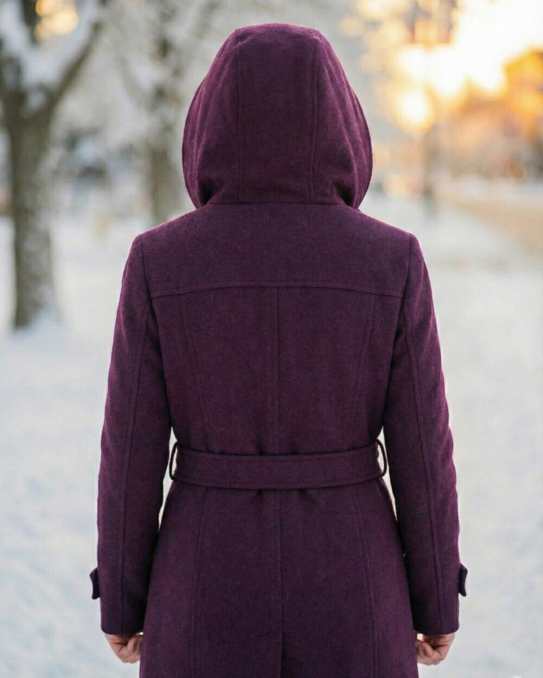 Hermeline Hooded Belted Plaid Collar Wool Coat for Women