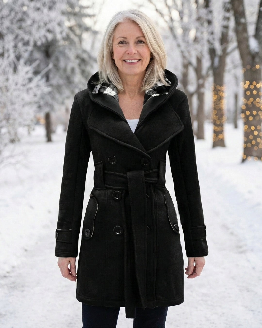 Hermeline Hooded Belted Plaid Collar Wool Coat for Women