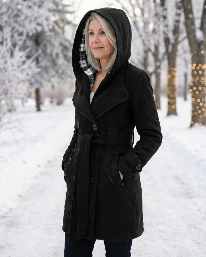 Hermeline Hooded Belted Plaid Collar Wool Coat for Women